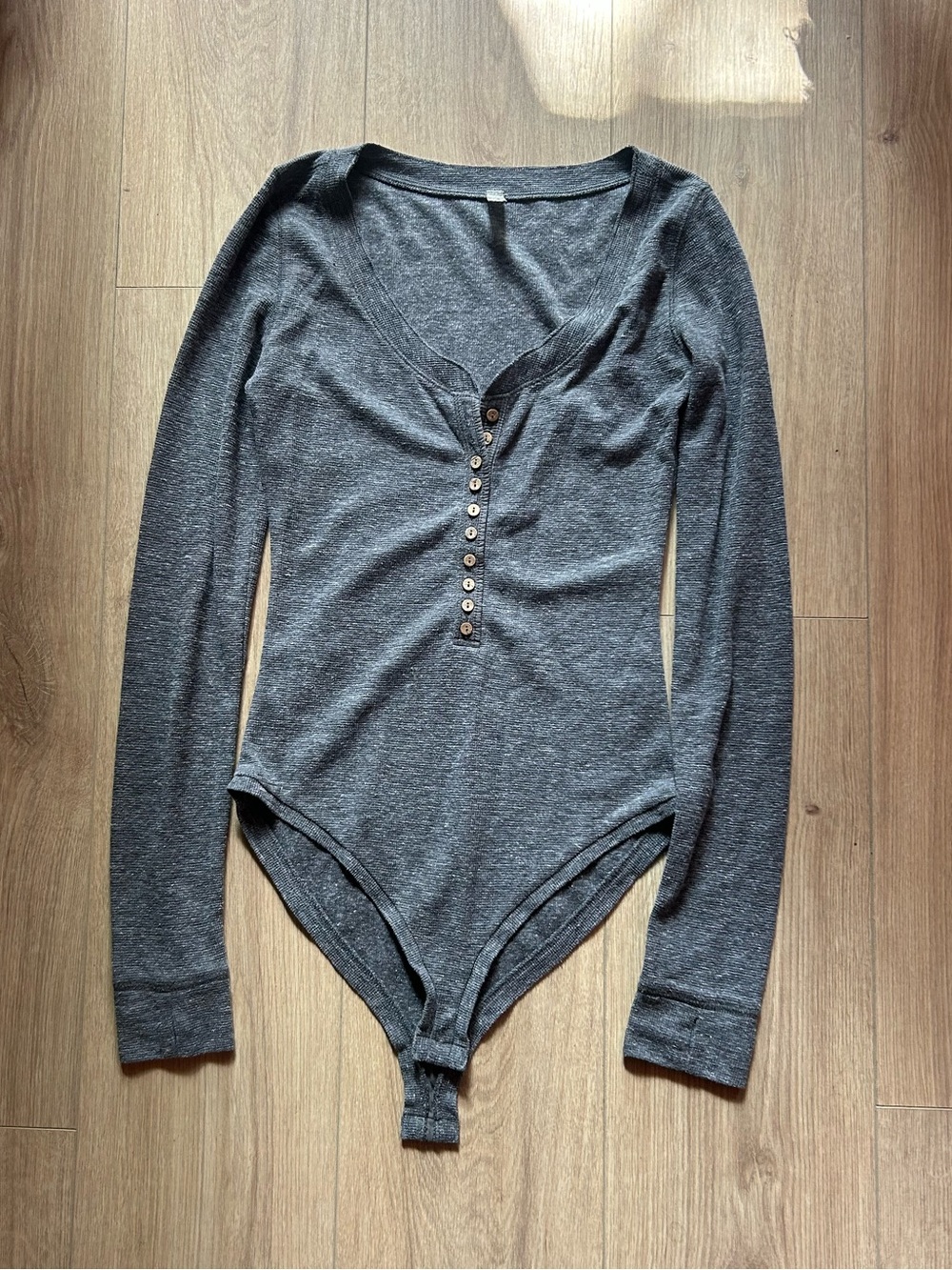 Free People Charcoal Gray Long-Sleeve Henley Bodysuit